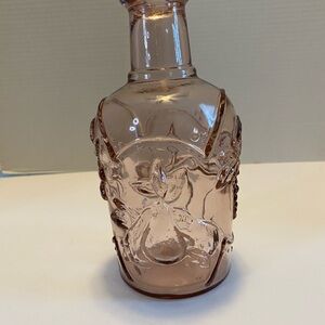 Pink Glass Bottle Decanter with Embossed Fruit Pattern Made in Canada No Stopper